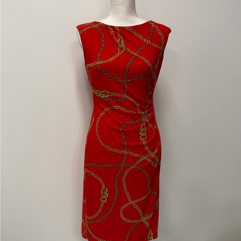 Lauren Ralph Lauren red chain print Midi bodycon dress sleeveless size 4